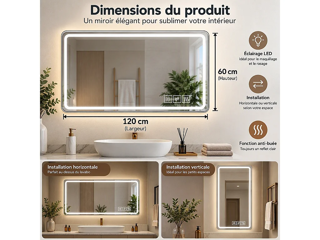 Miroir LED salle de bain 60x120 cm sans cadre, bord givré lumineux, anti-buée, 3 couleurs, variateur 10-100%