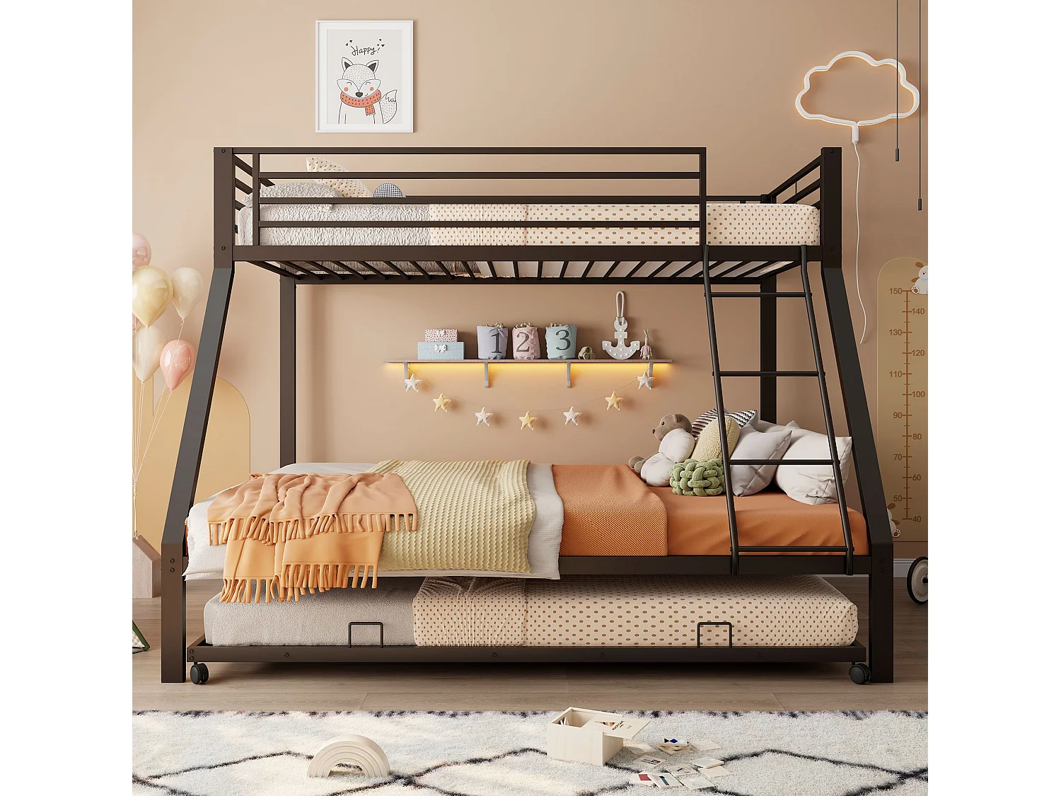 Lit superposé 90x200 et 140x200 cm en métal noir avec lit d'appoint escamotable 90x190, 3 couchages