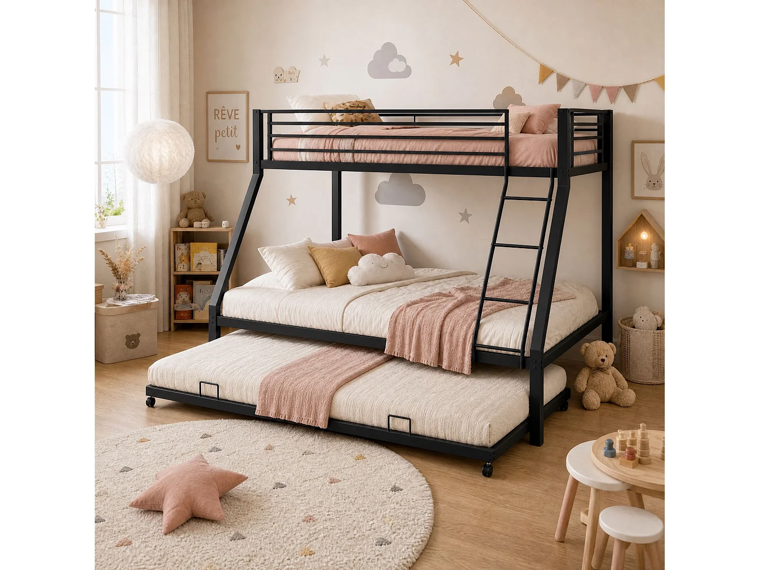 Lit superposé 90x200 et 140x200 cm en métal noir avec lit d'appoint escamotable 90x190, 3 couchages
