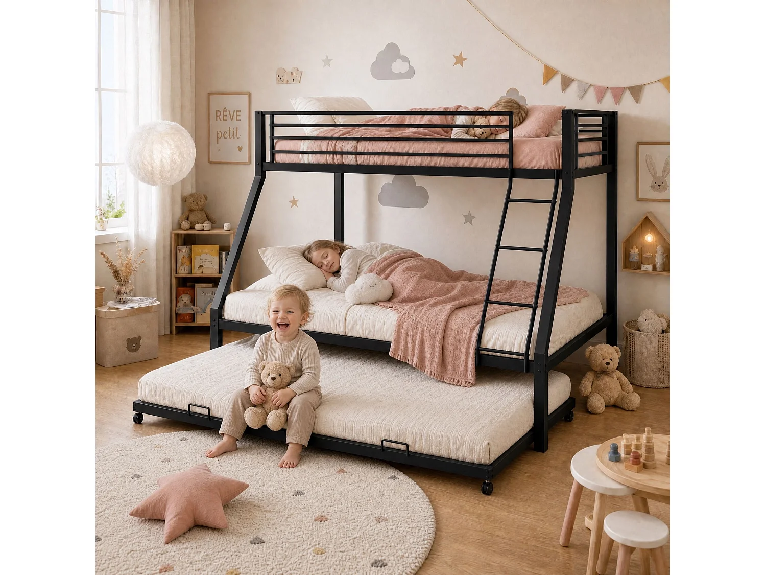 Lit superposé 90x200 et 140x200 cm en métal noir avec lit d'appoint escamotable 90x190, 3 couchages