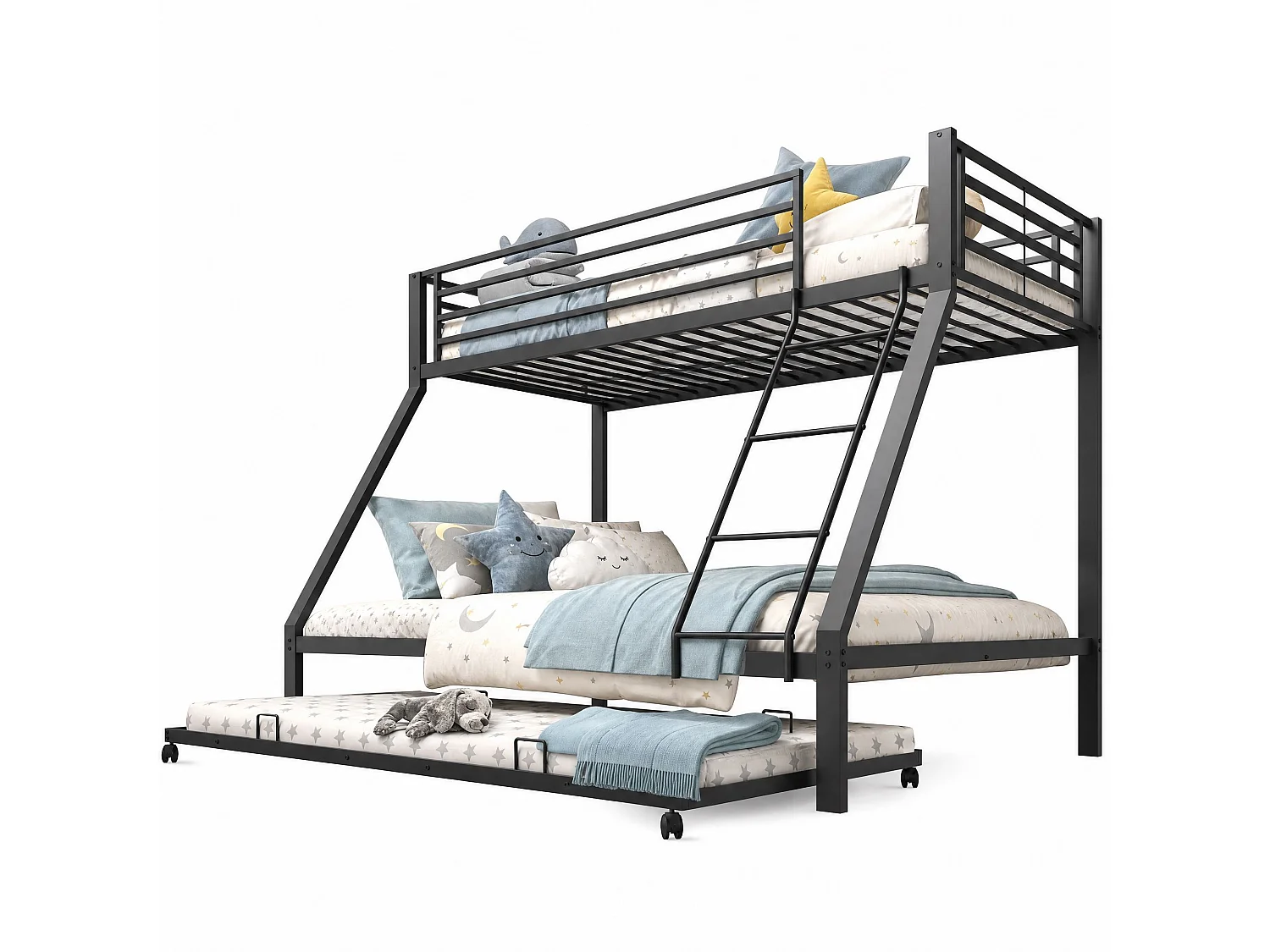 Lit superposé 90x200 et 140x200 cm en métal noir avec lit d'appoint escamotable 90x190, 3 couchages