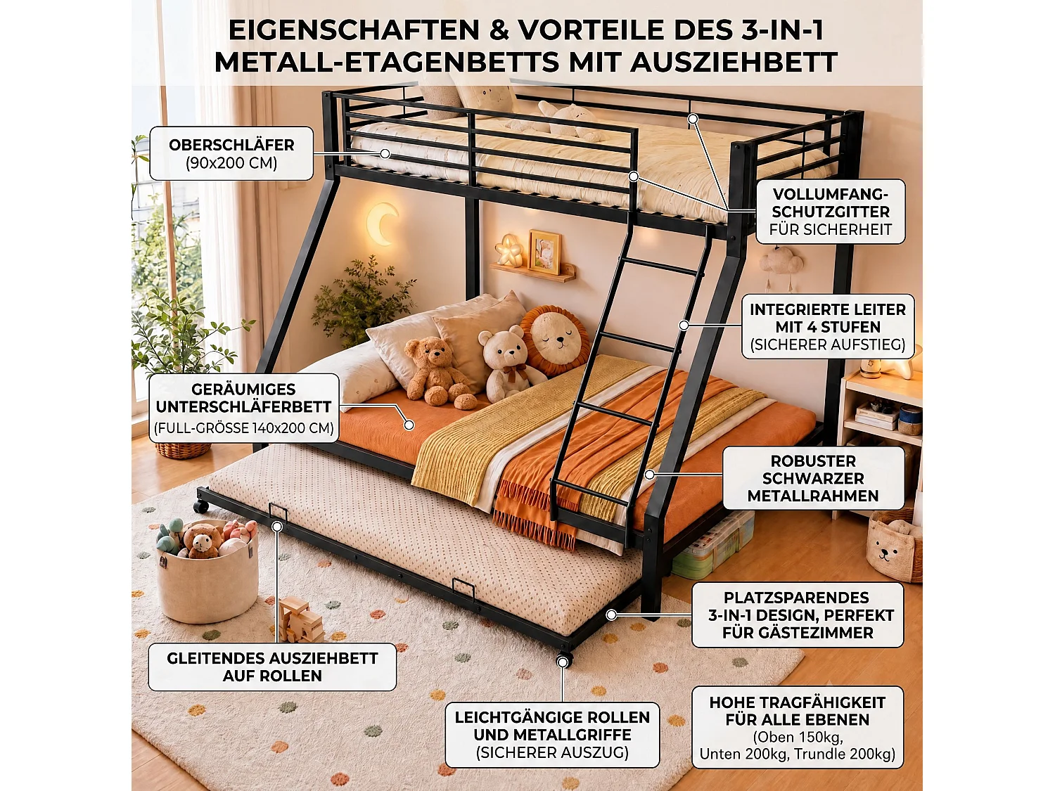 Lit superposé 90x200 et 140x200 cm en métal noir avec lit d'appoint escamotable 90x190, 3 couchages