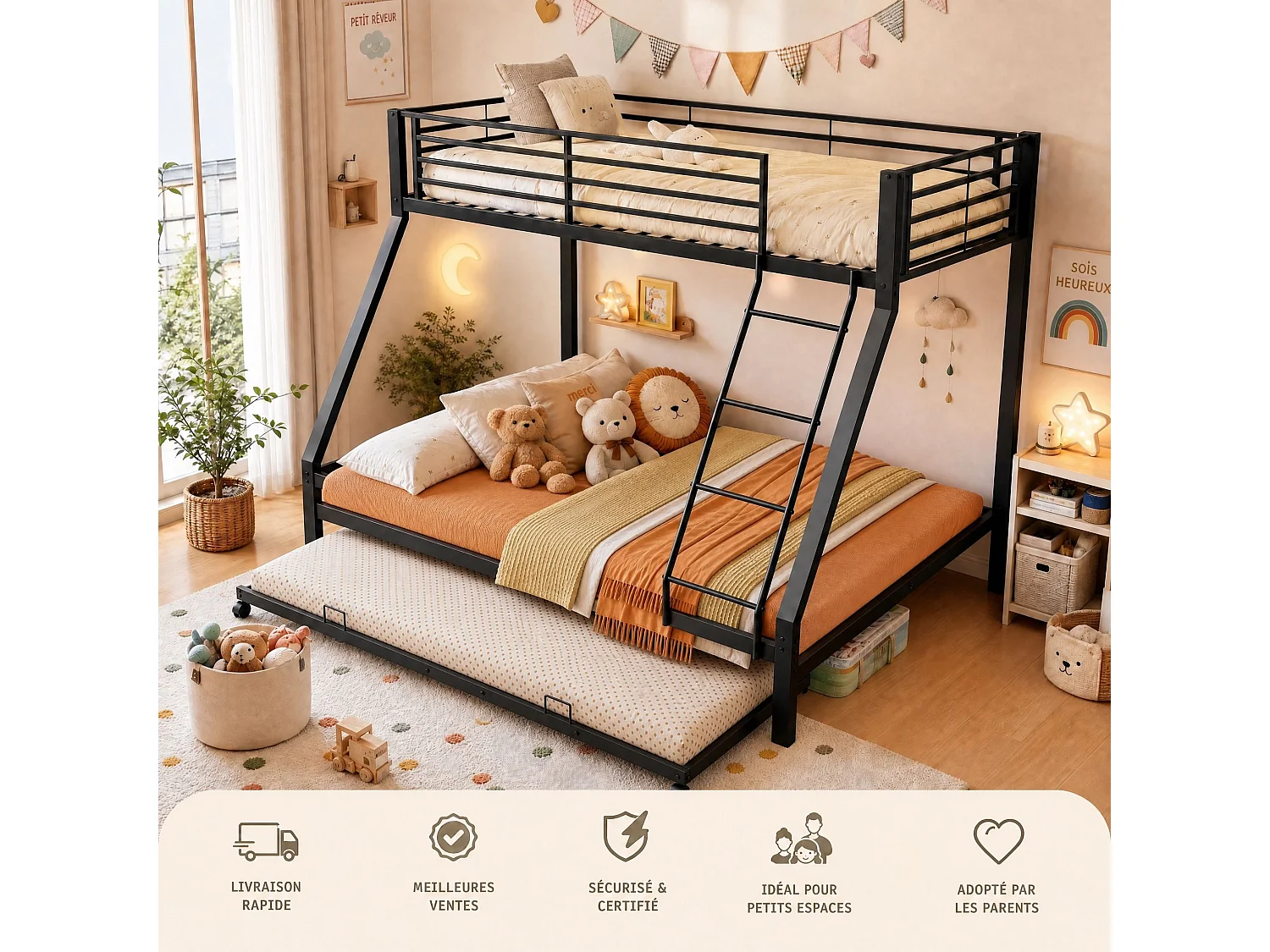 Lit superposé 90x200 et 140x200 cm en métal noir avec lit d'appoint escamotable 90x190, 3 couchages