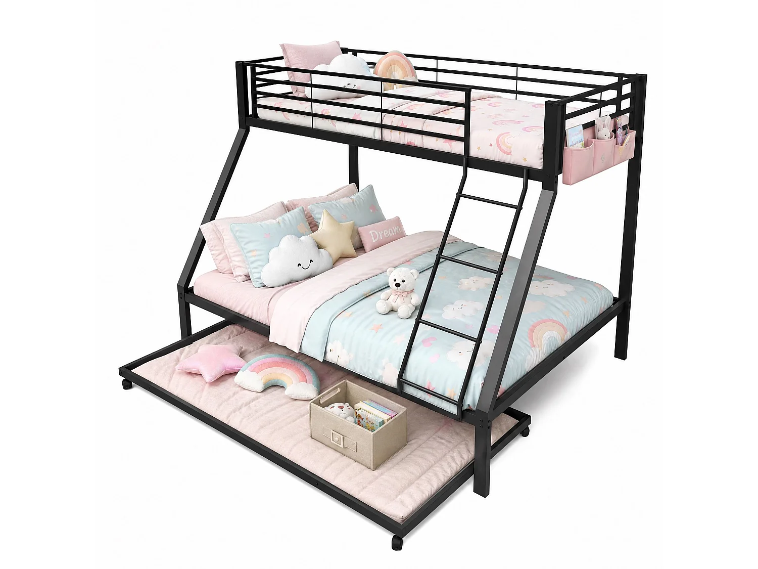 Lit superposé 90x200 et 140x200 cm en métal noir avec lit d'appoint escamotable 90x190, 3 couchages