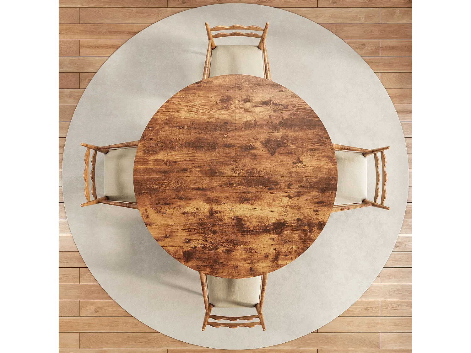 Table à manger ronde 120x120x79 cm style industriel, plateau effet bois marron, pieds métal noir, étagère centrale, salle à manger