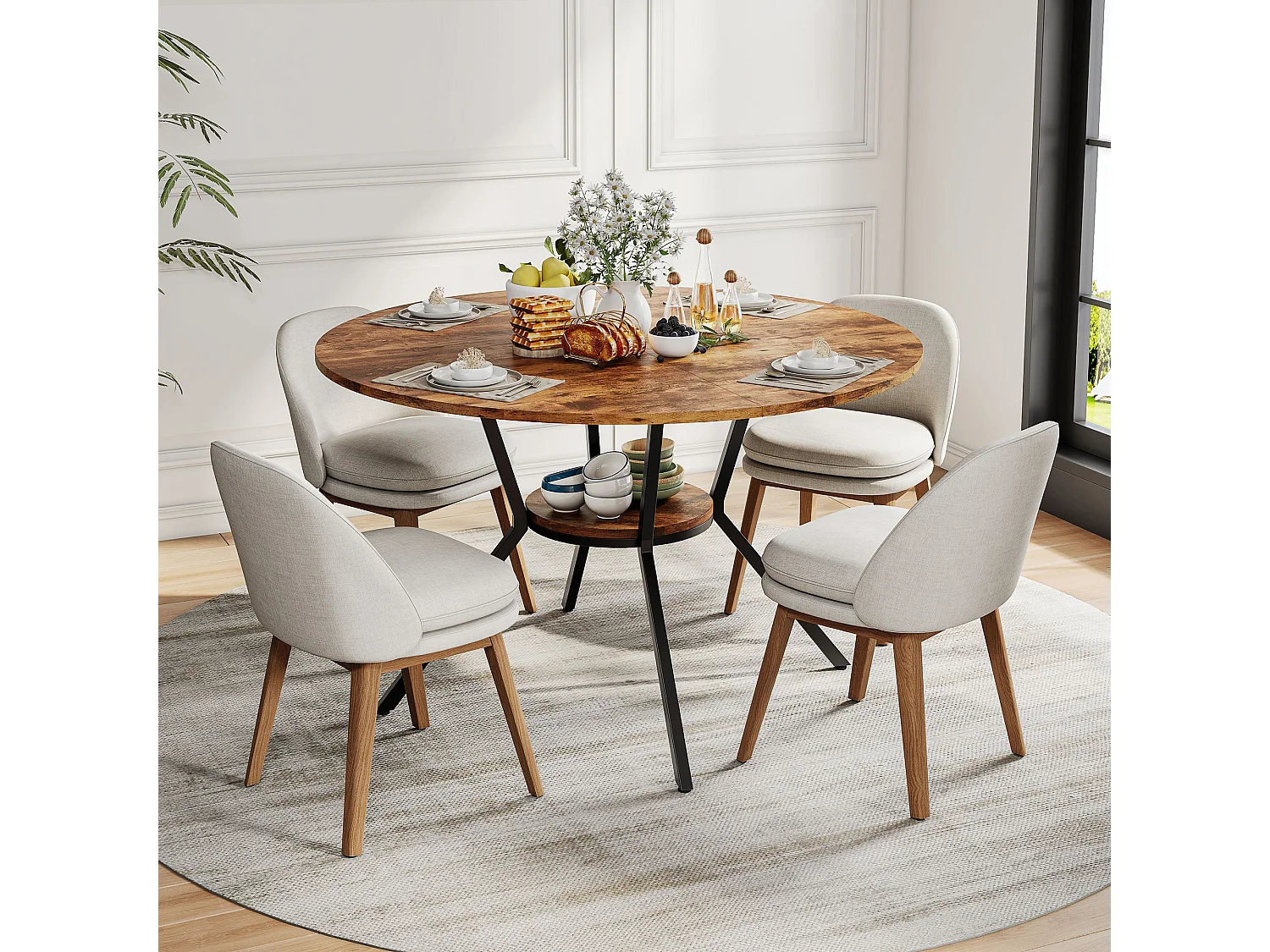 Table à manger ronde 120x120x79 cm style industriel, plateau effet bois marron, pieds métal noir, étagère centrale, salle à manger