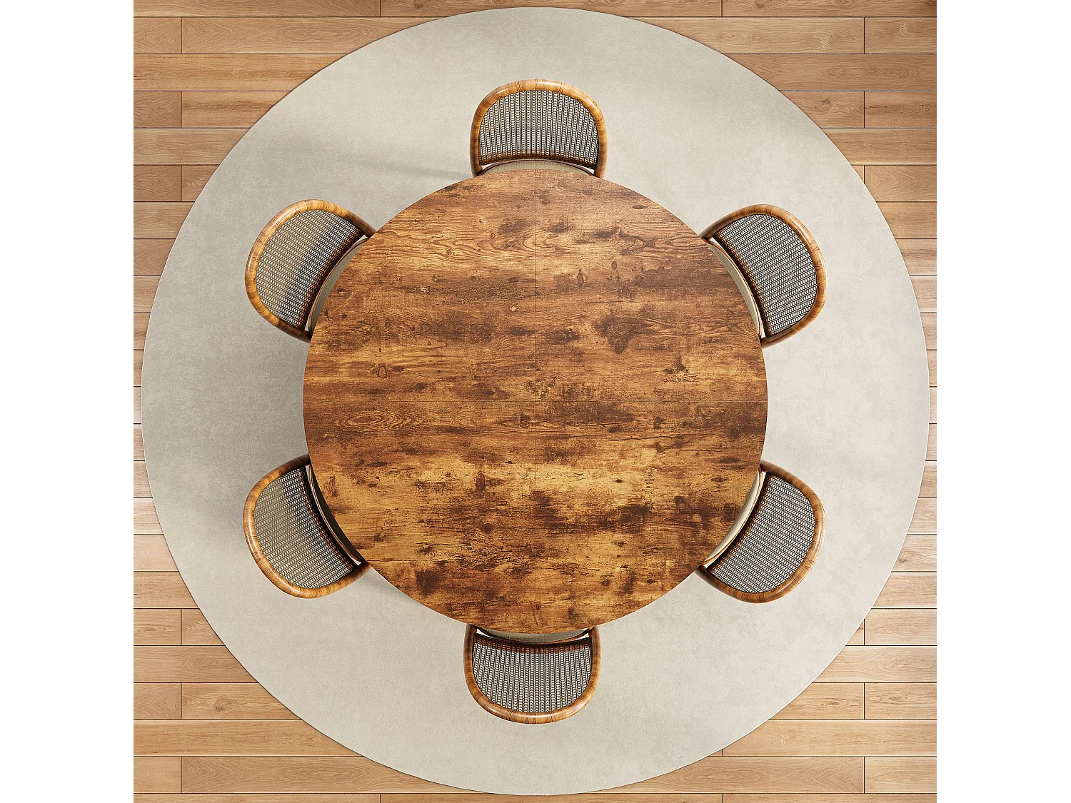 Table à manger ronde 120x120x79 cm style industriel, plateau effet bois marron, pieds métal noir, étagère centrale, salle à manger