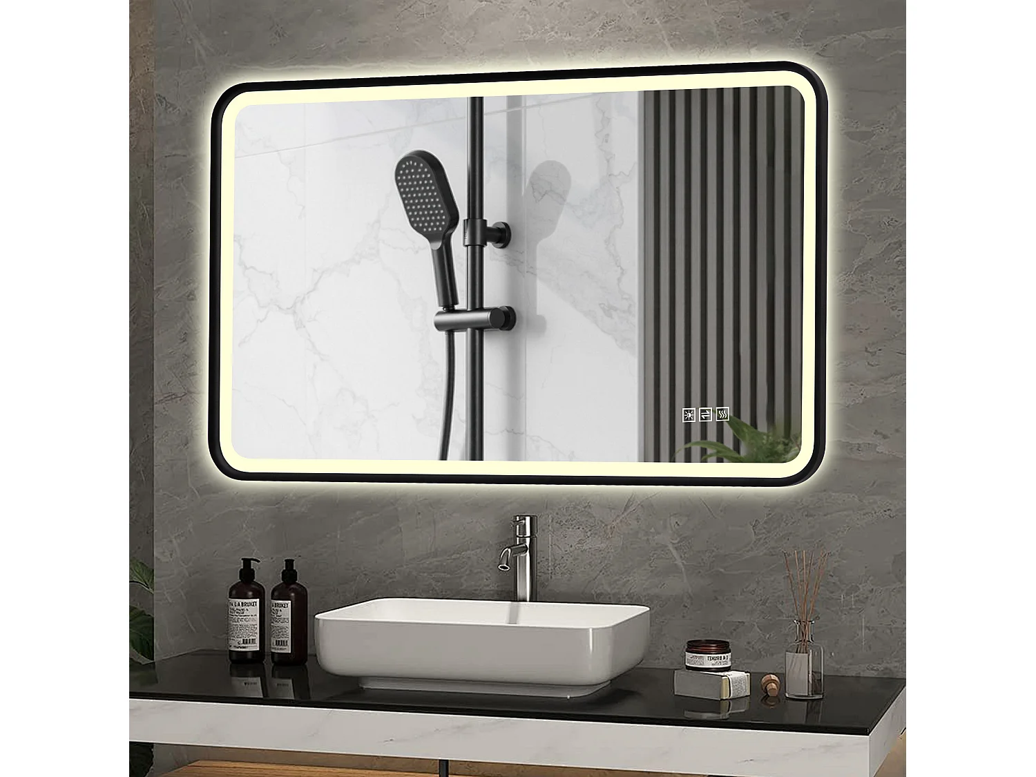 Miroir LED salle de bain 60x100 cm, cadre aluminium noir, éclairage avant et arrière, anti-buée, 3 couleurs, variateur, mémoire