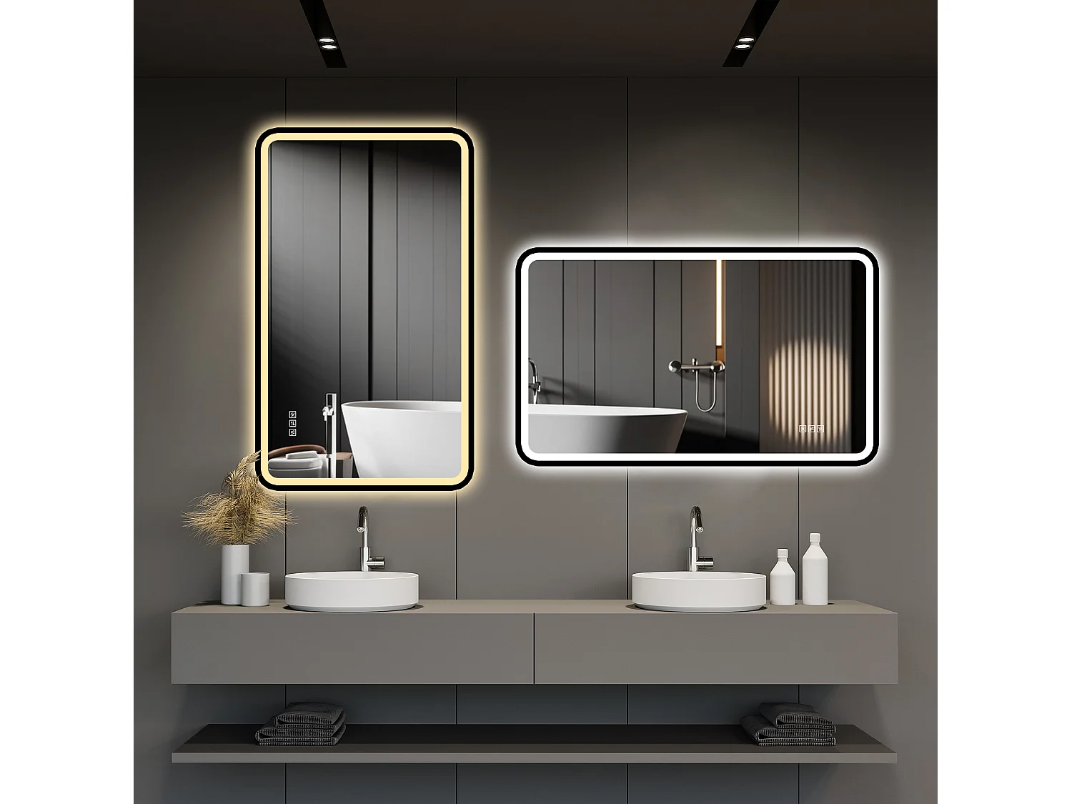 Miroir LED salle de bain 60x100 cm, cadre aluminium noir, éclairage avant et arrière, anti-buée, 3 couleurs, variateur, mémoire
