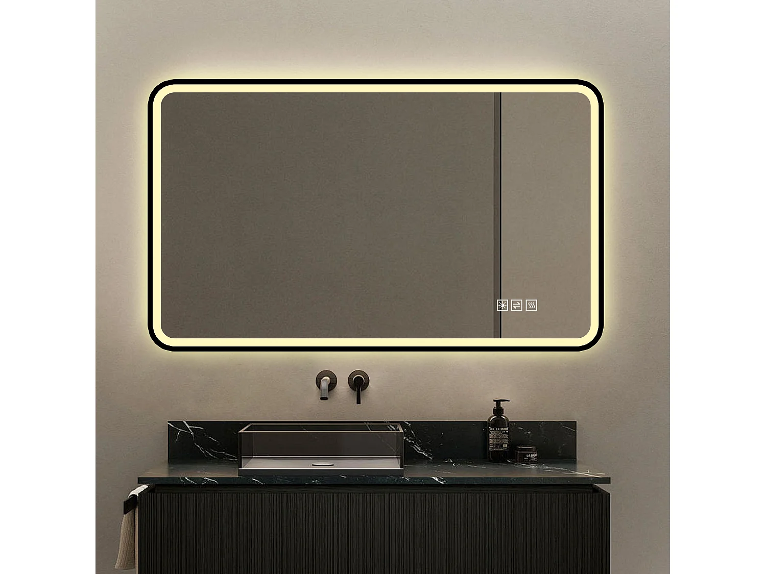 Miroir LED salle de bain 60x100 cm, cadre aluminium noir, éclairage avant et arrière, anti-buée, 3 couleurs, variateur, mémoire