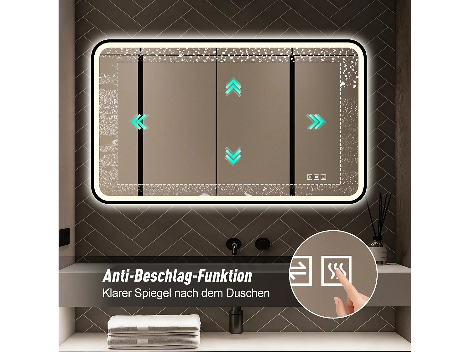 Miroir LED salle de bain 60x100 cm, cadre aluminium noir, éclairage avant et arrière, anti-buée, 3 couleurs, variateur, mémoire