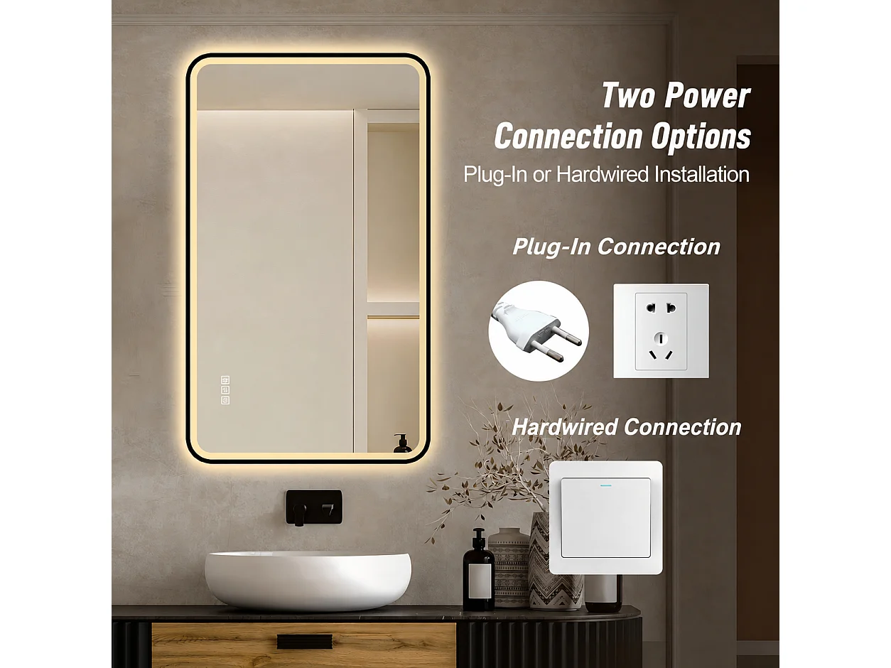 Miroir LED salle de bain 60x100 cm, cadre aluminium noir, éclairage avant et arrière, anti-buée, 3 couleurs, variateur, mémoire
