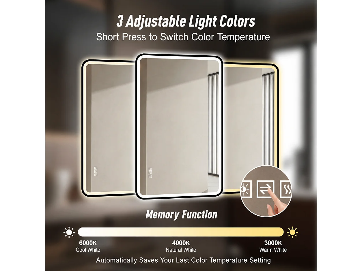 Miroir LED salle de bain 60x100 cm, cadre aluminium noir, éclairage avant et arrière, anti-buée, 3 couleurs, variateur, mémoire