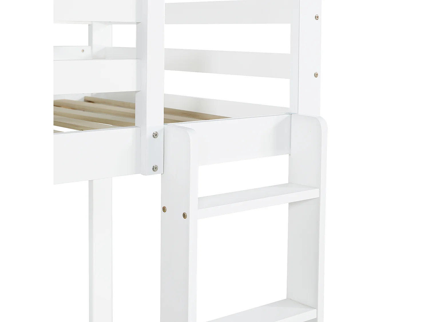 Lit superposé blanc 90x200 cm en bois, 2 couchages, avec 2 tiroirs, étagère ouverte et échelle – lit enfant avec rangements