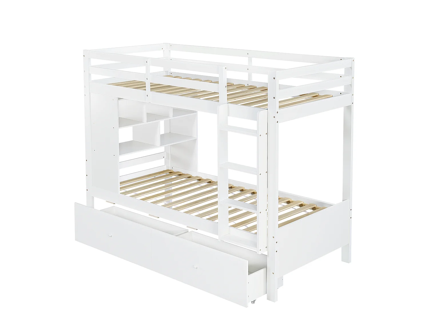 Lit superposé blanc 90x200 cm en bois, 2 couchages, avec 2 tiroirs, étagère ouverte et échelle – lit enfant avec rangements