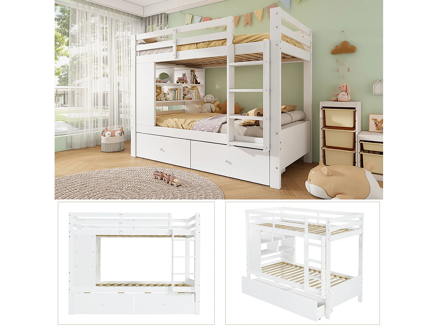 Lit superposé blanc 90x200 cm en bois, 2 couchages, avec 2 tiroirs, étagère ouverte et échelle – lit enfant avec rangements
