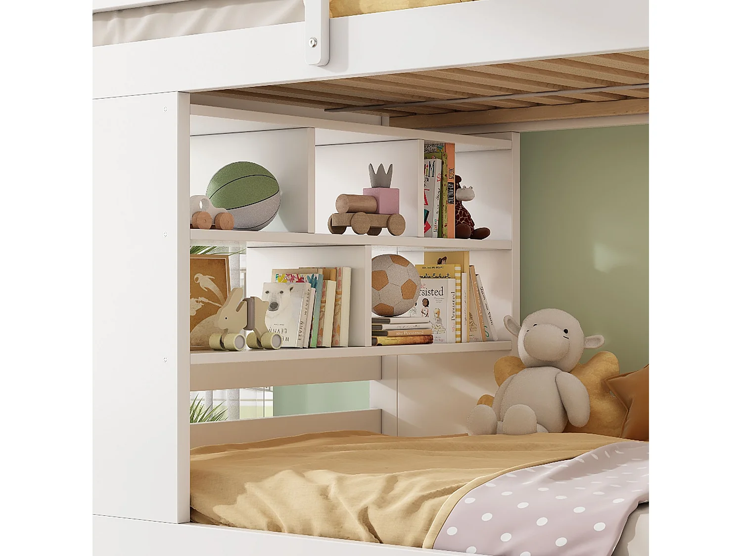 Lit superposé blanc 90x200 cm en bois, 2 couchages, avec 2 tiroirs, étagère ouverte et échelle – lit enfant avec rangements