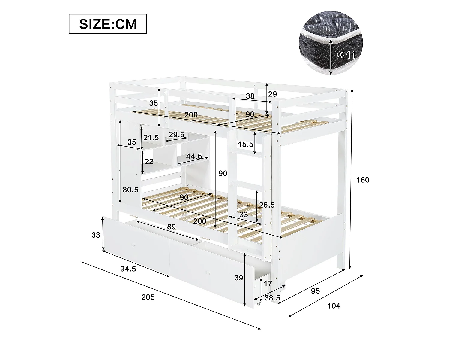 Lit superposé blanc 90x200 cm en bois, 2 couchages, avec 2 tiroirs, étagère ouverte et échelle – lit enfant avec rangements