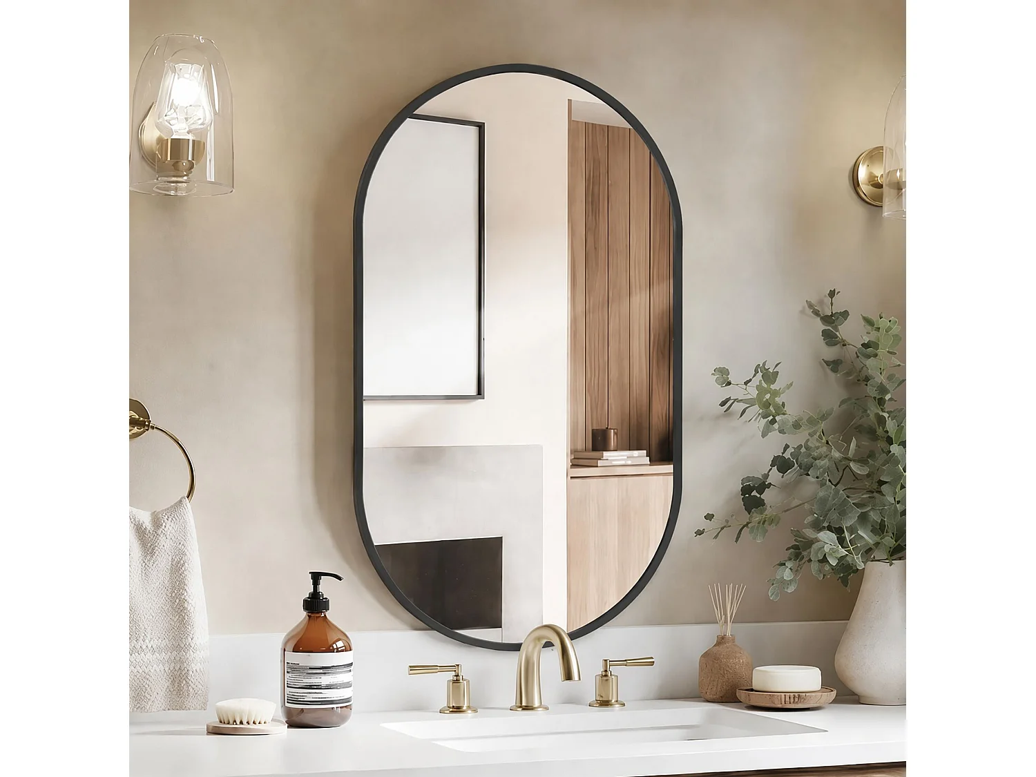 Miroir mural arqué 75x50 cm avec cadre aluminium noir, miroir design moderne en verre trempé pour salle de bain chambre entrée