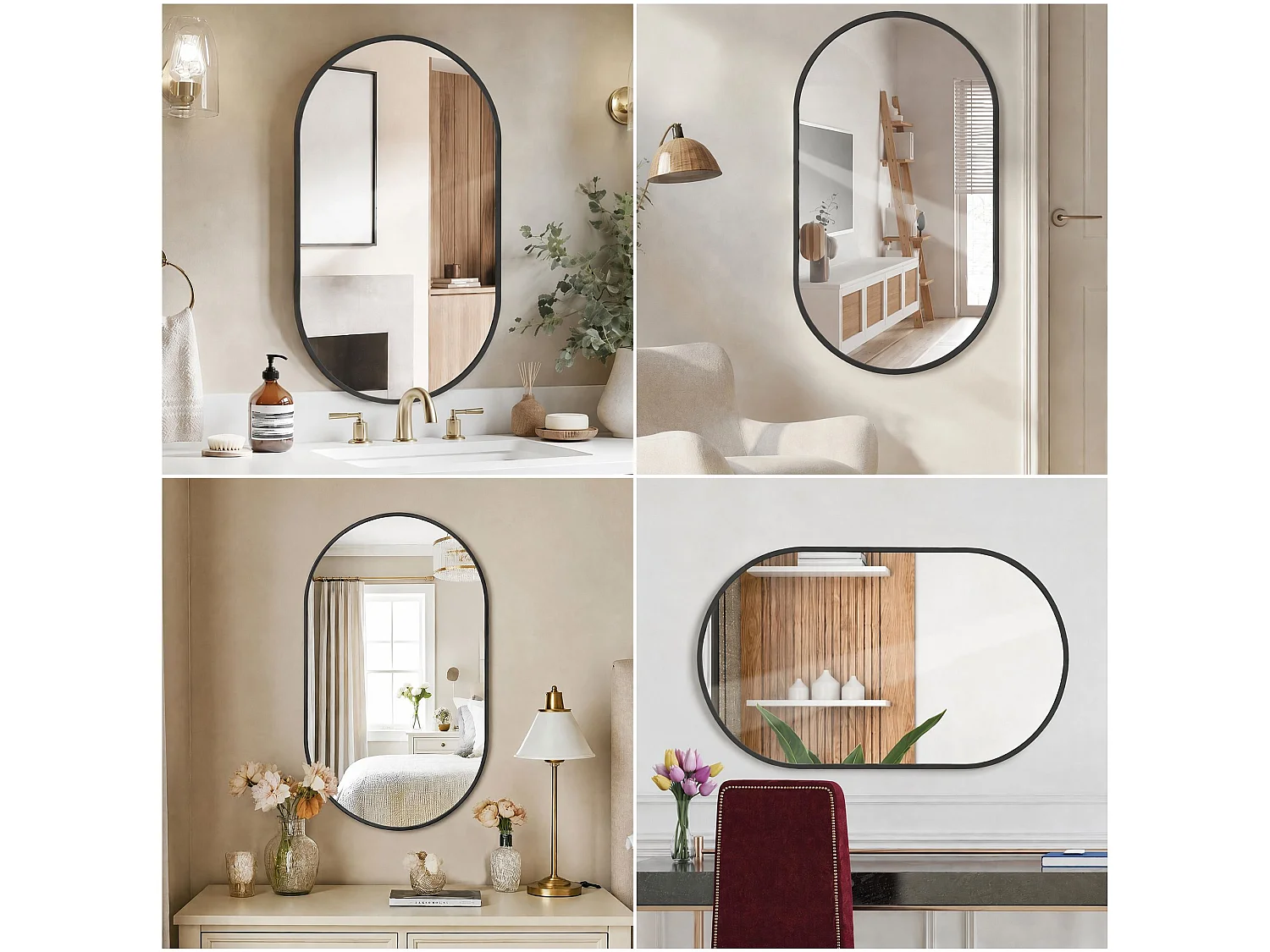 Miroir mural arqué 75x50 cm avec cadre aluminium noir, miroir design moderne en verre trempé pour salle de bain chambre entrée