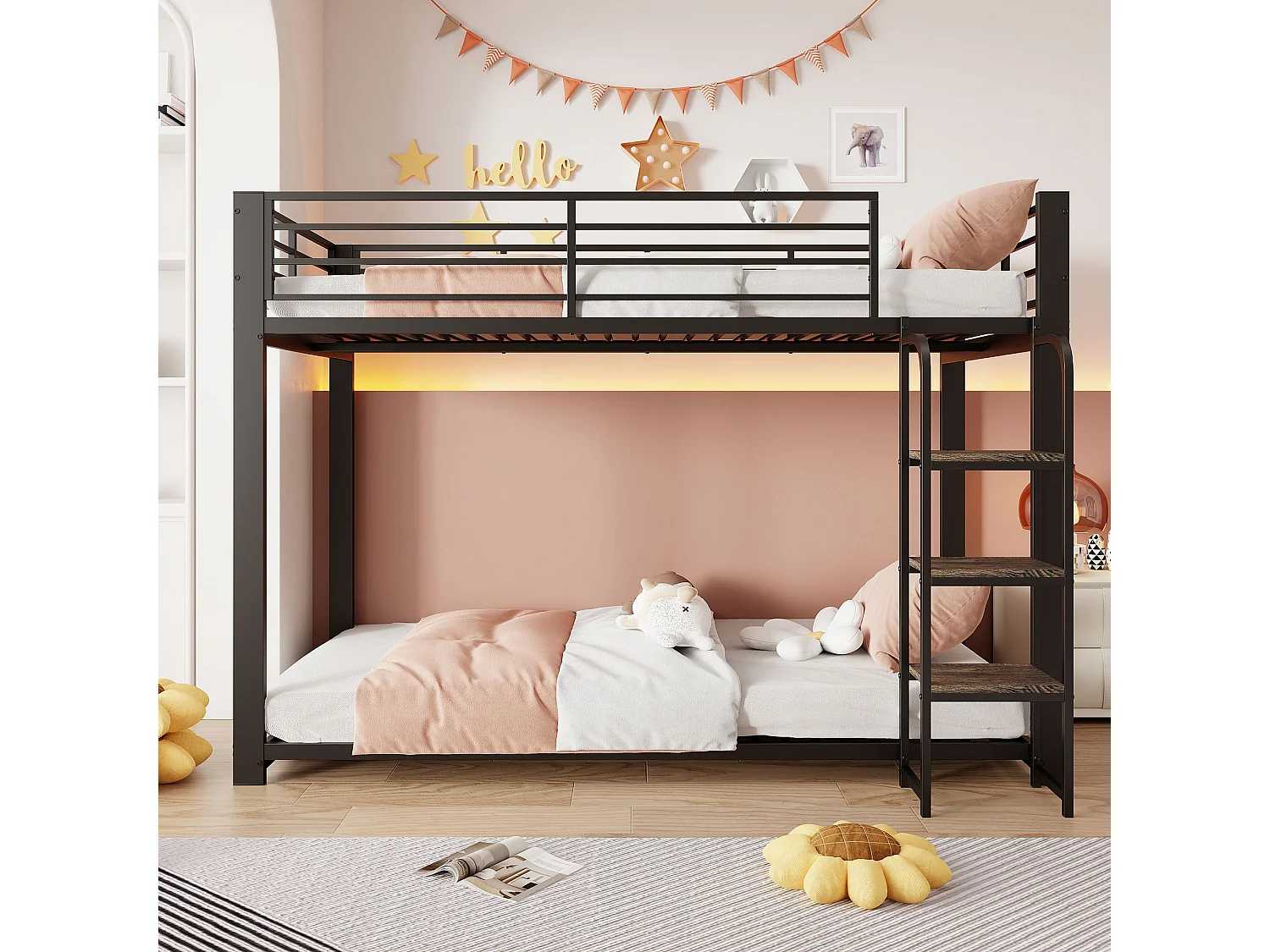 Lit superposé 90x200 cm en métal noir, escalier en bois avec étagère, 2 couchages, barrière de sécurité – lit enfant et ado