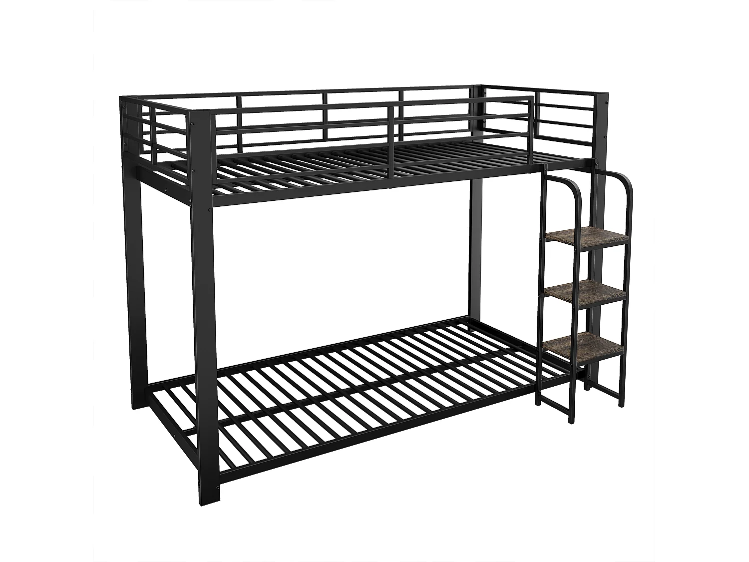 Lit superposé 90x200 cm en métal noir, escalier en bois avec étagère, 2 couchages, barrière de sécurité – lit enfant et ado