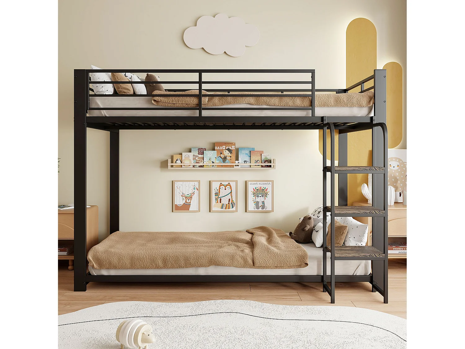 Lit superposé 90x200 cm en métal noir, escalier en bois avec étagère, 2 couchages, barrière de sécurité – lit enfant et ado