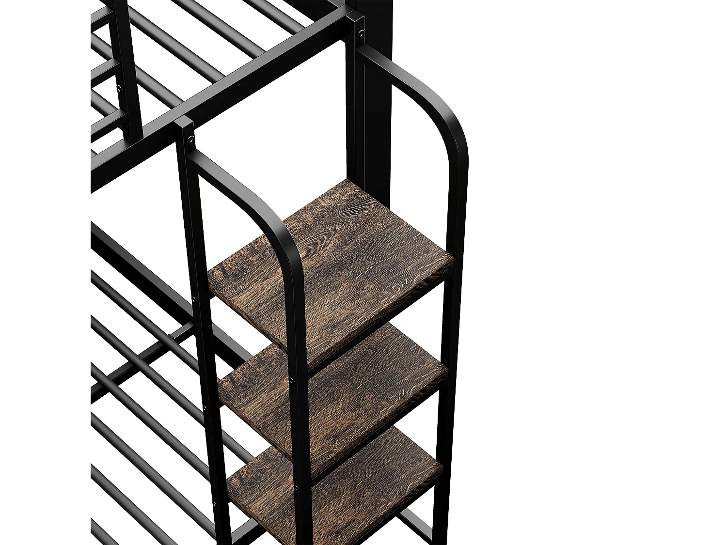 Lit superposé 90x200 cm en métal noir, escalier en bois avec étagère, 2 couchages, barrière de sécurité – lit enfant et ado