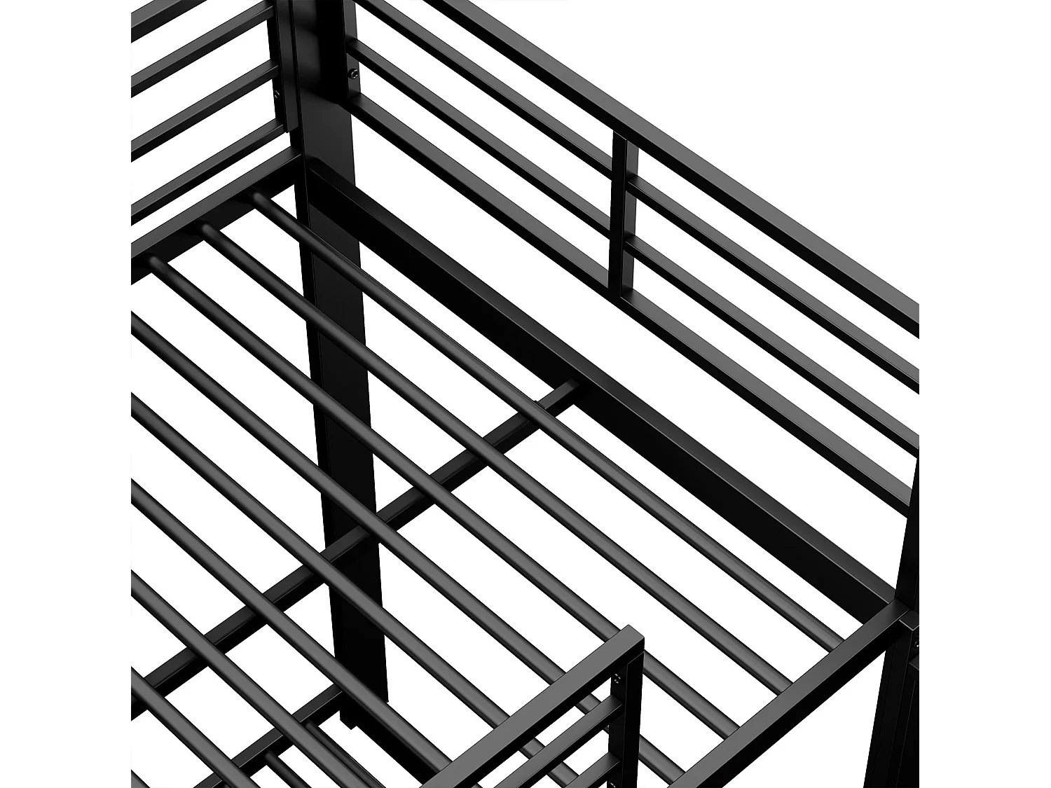 Lit superposé 90x200 cm en métal noir, escalier en bois avec étagère, 2 couchages, barrière de sécurité – lit enfant et ado