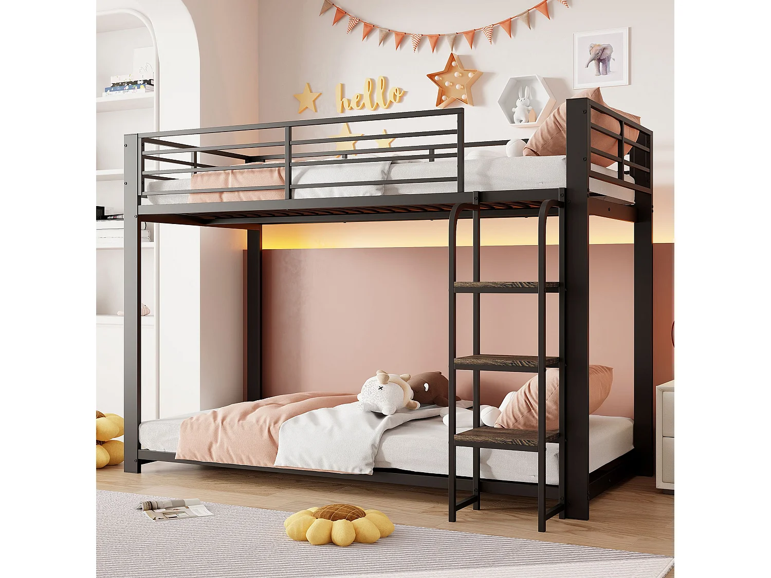 Lit superposé 90x200 cm en métal noir, escalier en bois avec étagère, 2 couchages, barrière de sécurité – lit enfant et ado