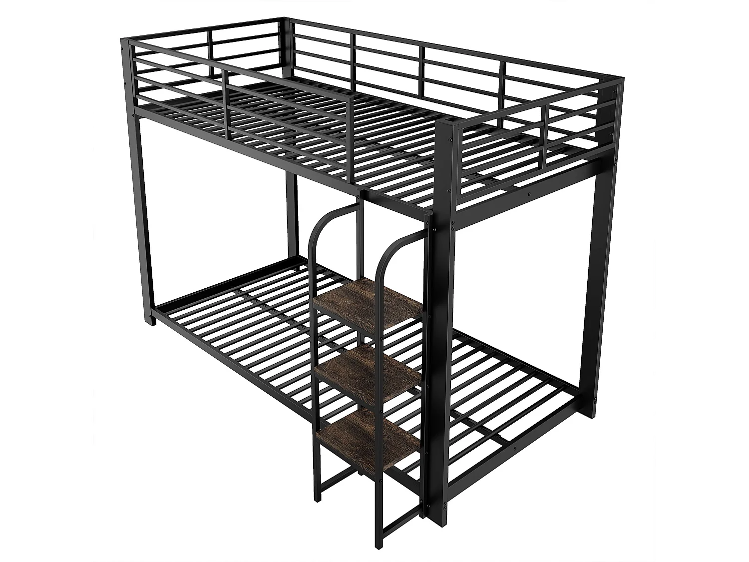 Lit superposé 90x200 cm en métal noir, escalier en bois avec étagère, 2 couchages, barrière de sécurité – lit enfant et ado