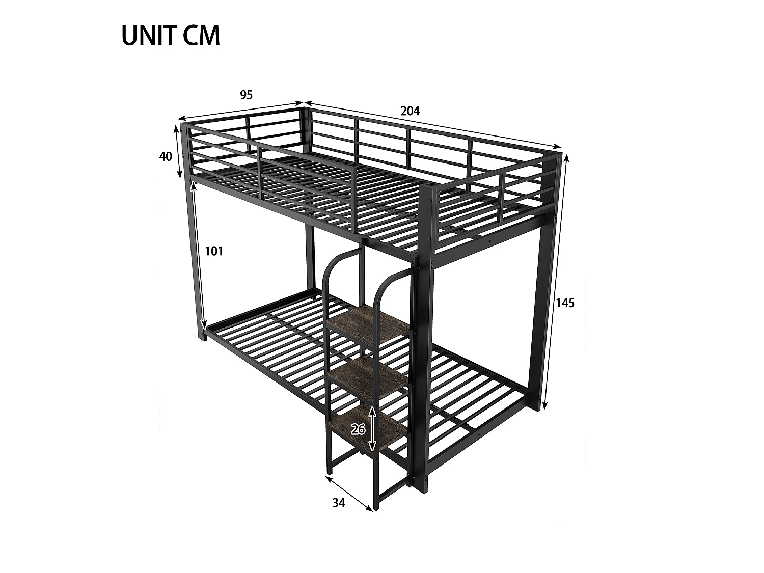 Lit superposé 90x200 cm en métal noir, escalier en bois avec étagère, 2 couchages, barrière de sécurité – lit enfant et ado