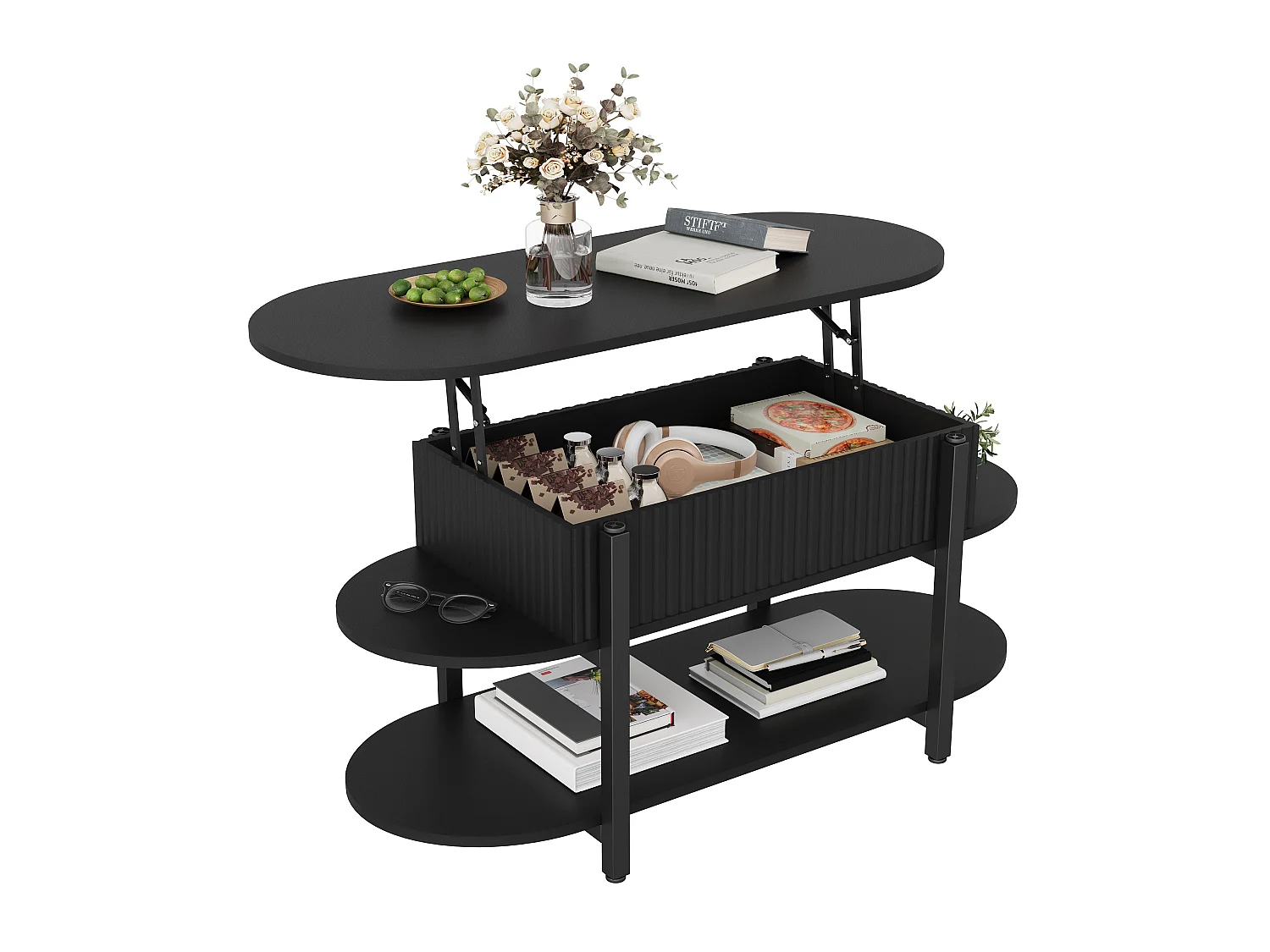 Table basse relevable 106x45x50 cm avec rangement caché et étagères, plateau lift-up à vérins à gaz, salon moderne, noir