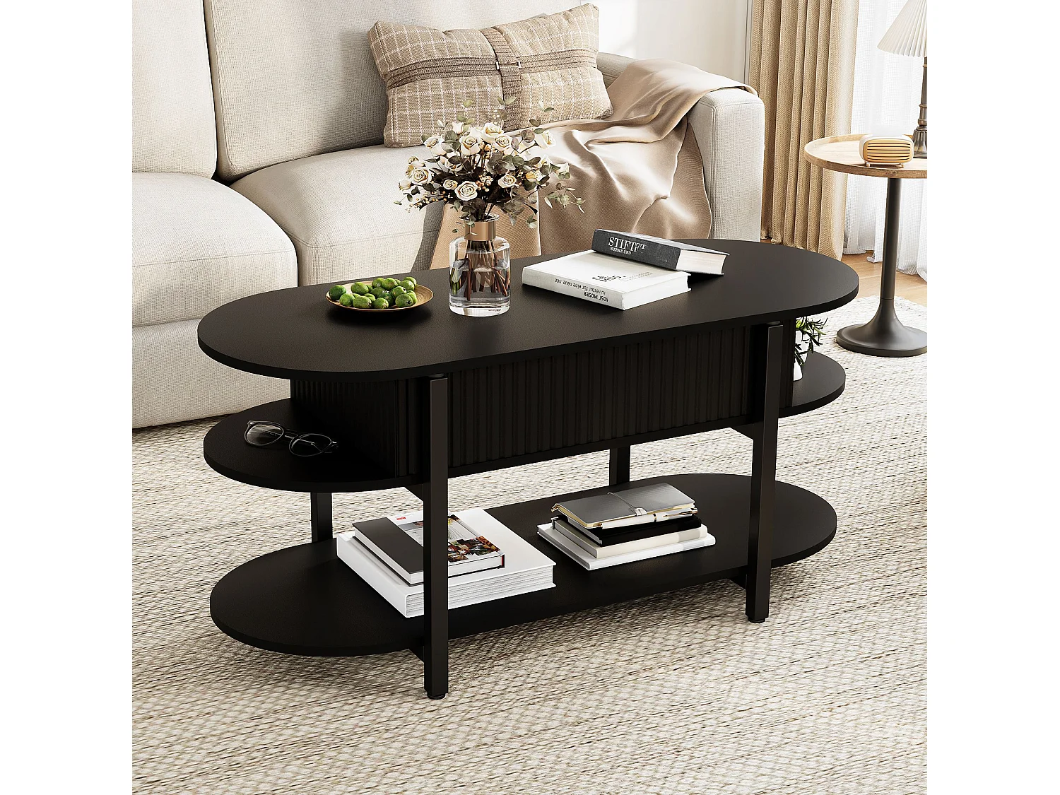 Table basse relevable 106x45x50 cm avec rangement caché et étagères, plateau lift-up à vérins à gaz, salon moderne, noir