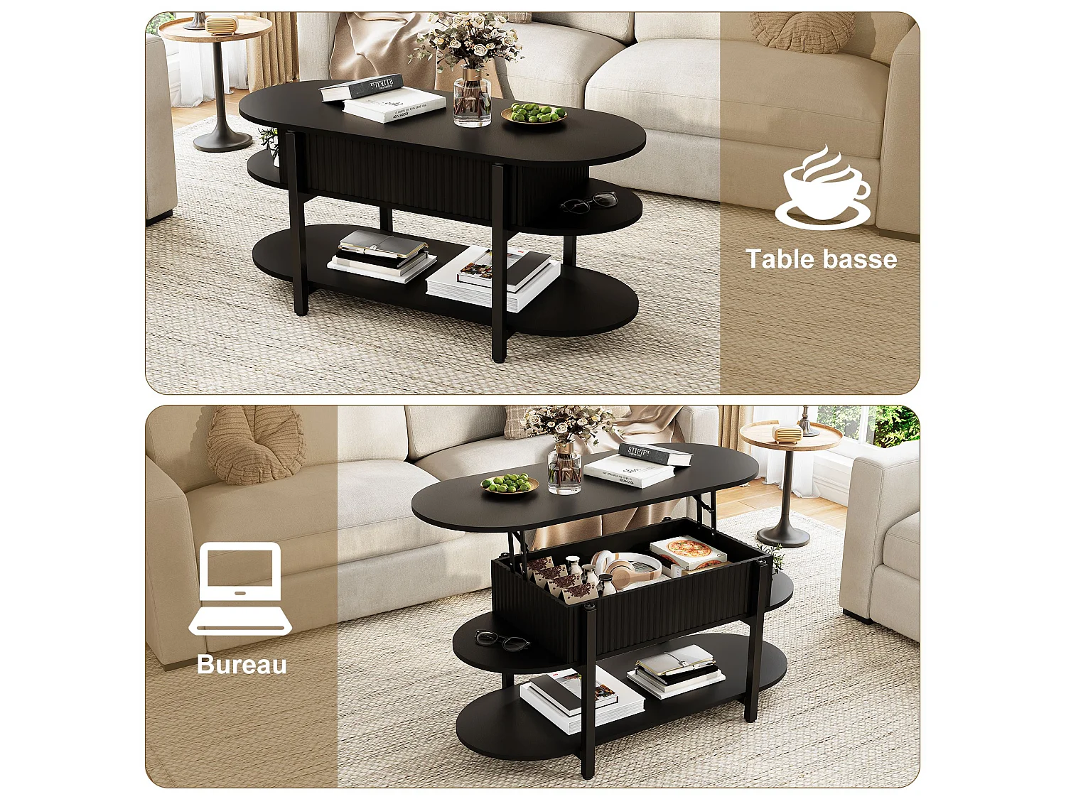 Table basse relevable 106x45x50 cm avec rangement caché et étagères, plateau lift-up à vérins à gaz, salon moderne, noir