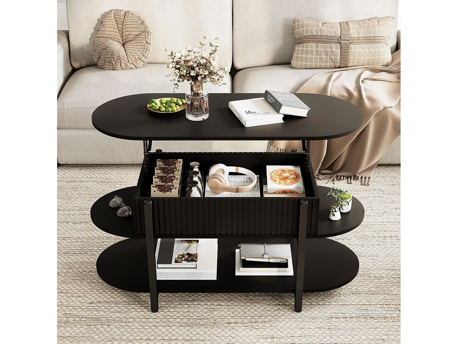 Table basse relevable 106x45x50 cm avec rangement caché et étagères, plateau lift-up à vérins à gaz, salon moderne, noir