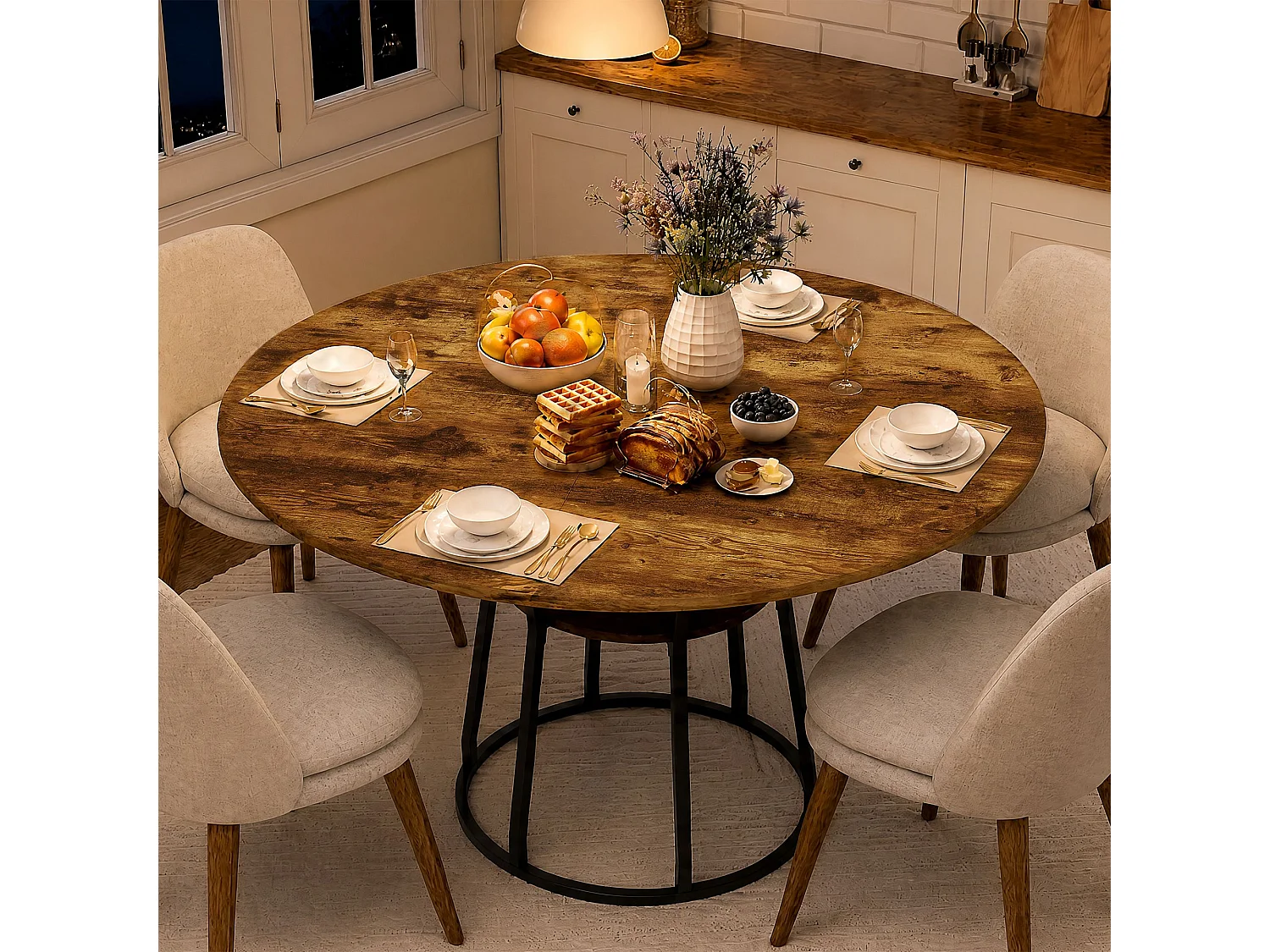 Table à manger ronde 120 cm effet bois naturel et noir, plateau en MDF et pieds métal, table de repas design industriel moderne