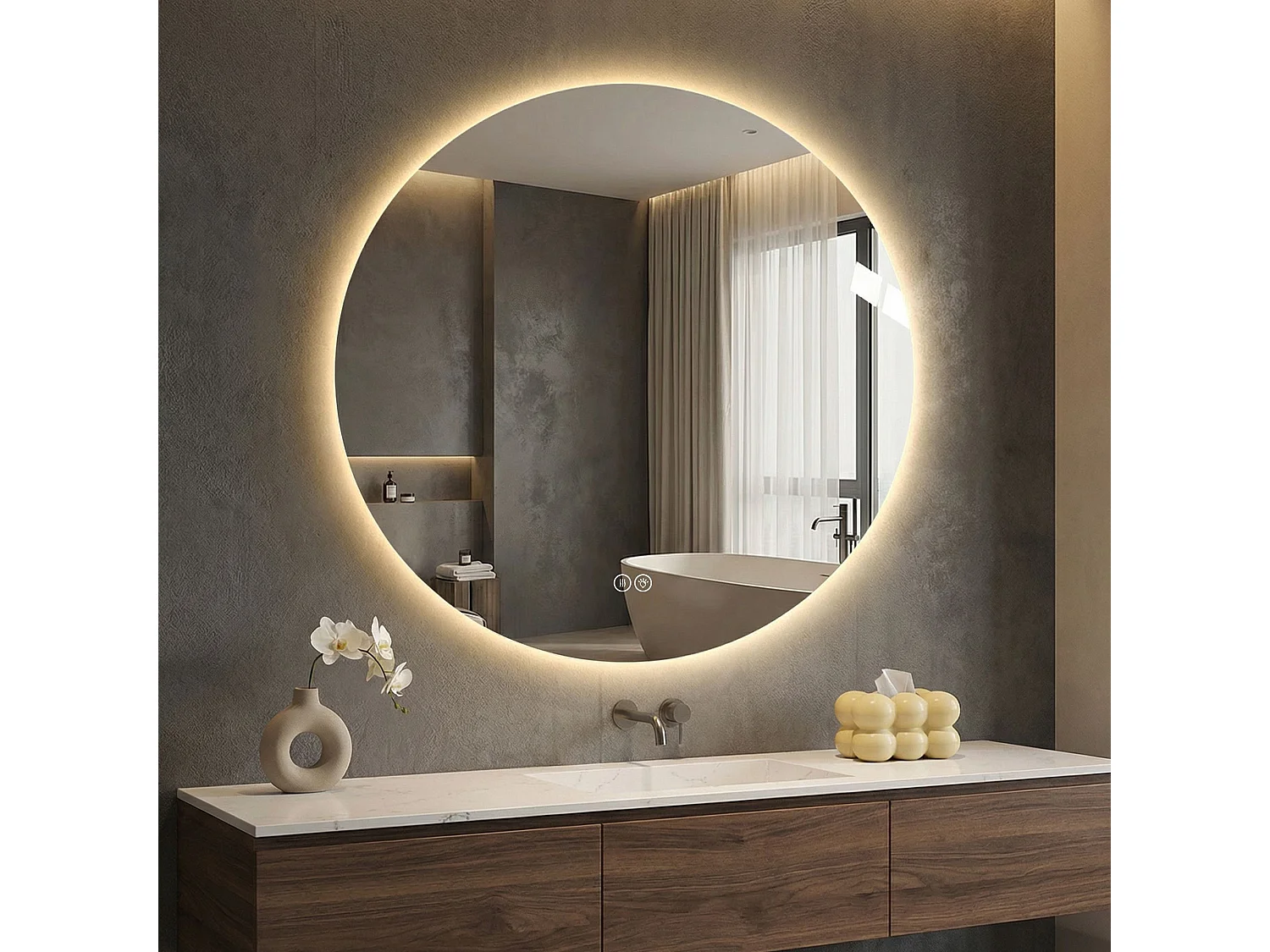 Miroir LED rond 70 cm salle de bain, rétroéclairage, anti-buée, 3 couleurs, variateur sans paliers, mémoire, toucher – miroir argenté 5 mm