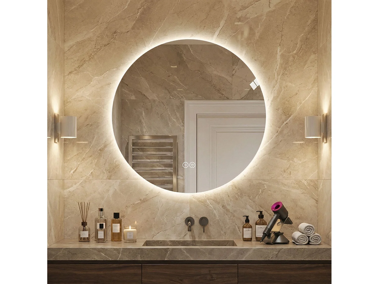 Miroir LED rond 70 cm salle de bain, rétroéclairage, anti-buée, 3 couleurs, variateur sans paliers, mémoire, toucher – miroir argenté 5 mm