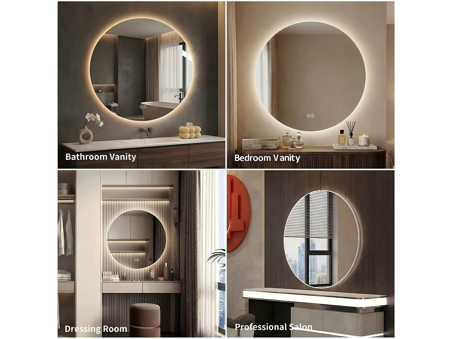 Miroir LED rond 70 cm salle de bain, rétroéclairage, anti-buée, 3 couleurs, variateur sans paliers, mémoire, toucher – miroir argenté 5 mm