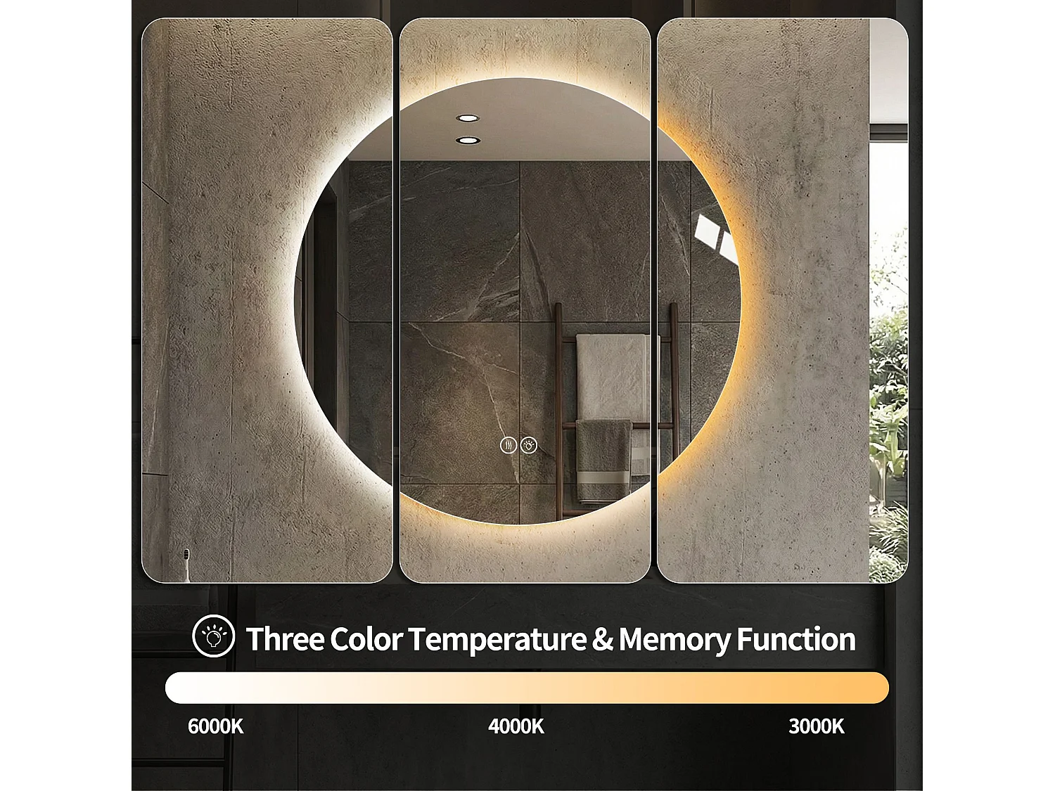 Miroir LED rond 70 cm salle de bain, rétroéclairage, anti-buée, 3 couleurs, variateur sans paliers, mémoire, toucher – miroir argenté 5 mm