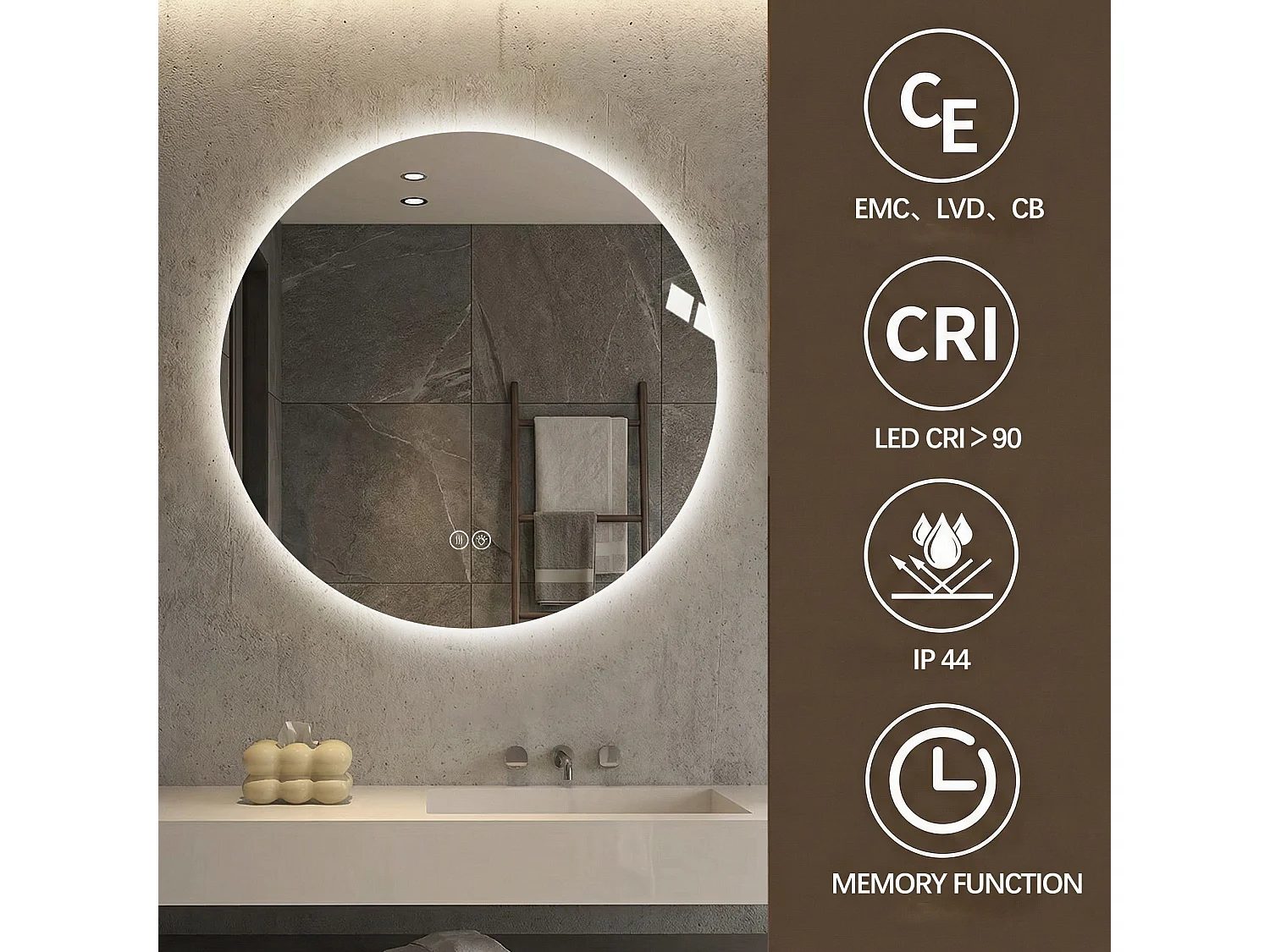 Miroir LED rond 70 cm salle de bain, rétroéclairage, anti-buée, 3 couleurs, variateur sans paliers, mémoire, toucher – miroir argenté 5 mm