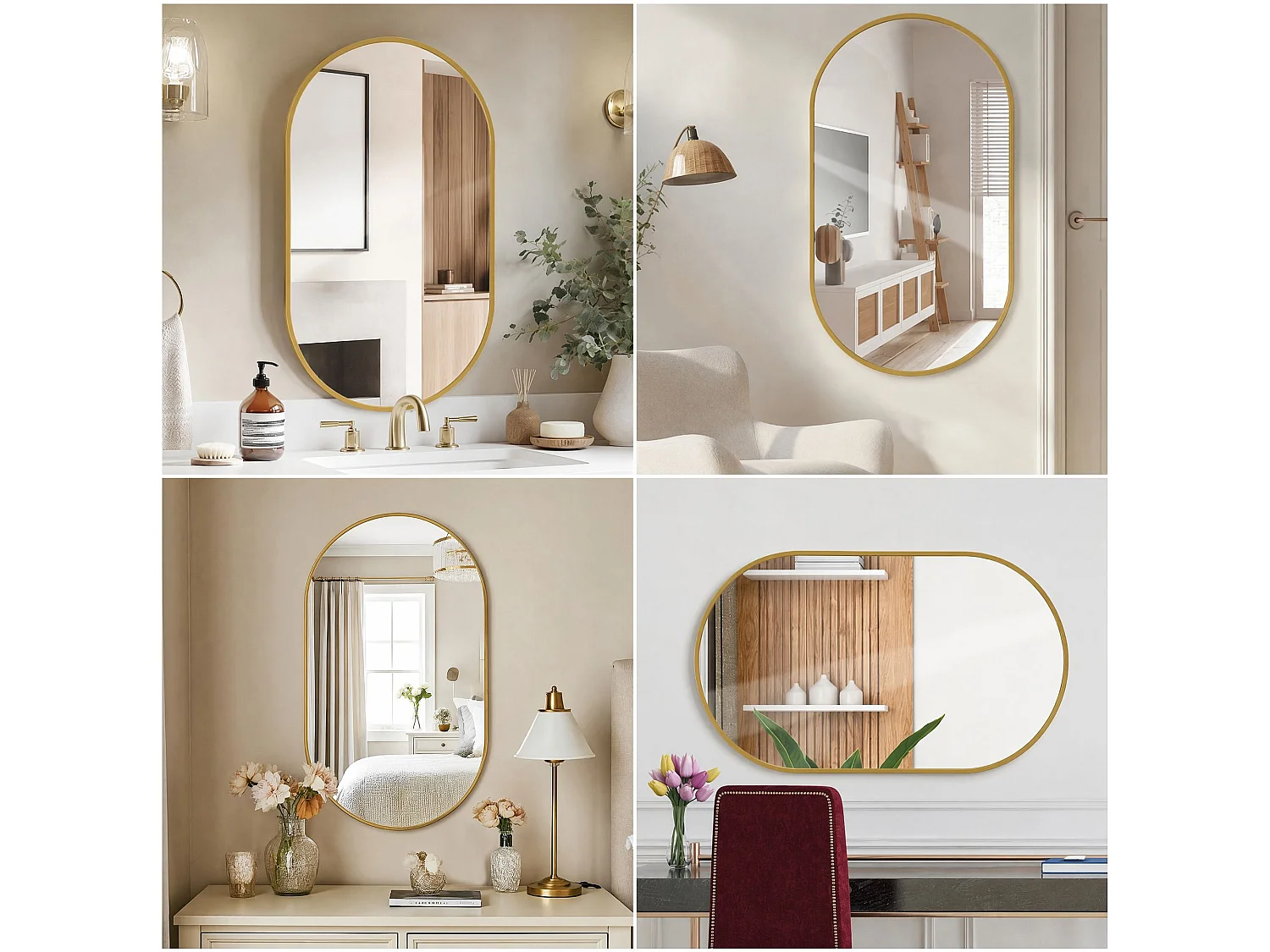 Miroir mural arqué 75x50 cm avec cadre aluminium Doré, miroir design moderne en verre trempé pour salle de bain chambre entrée