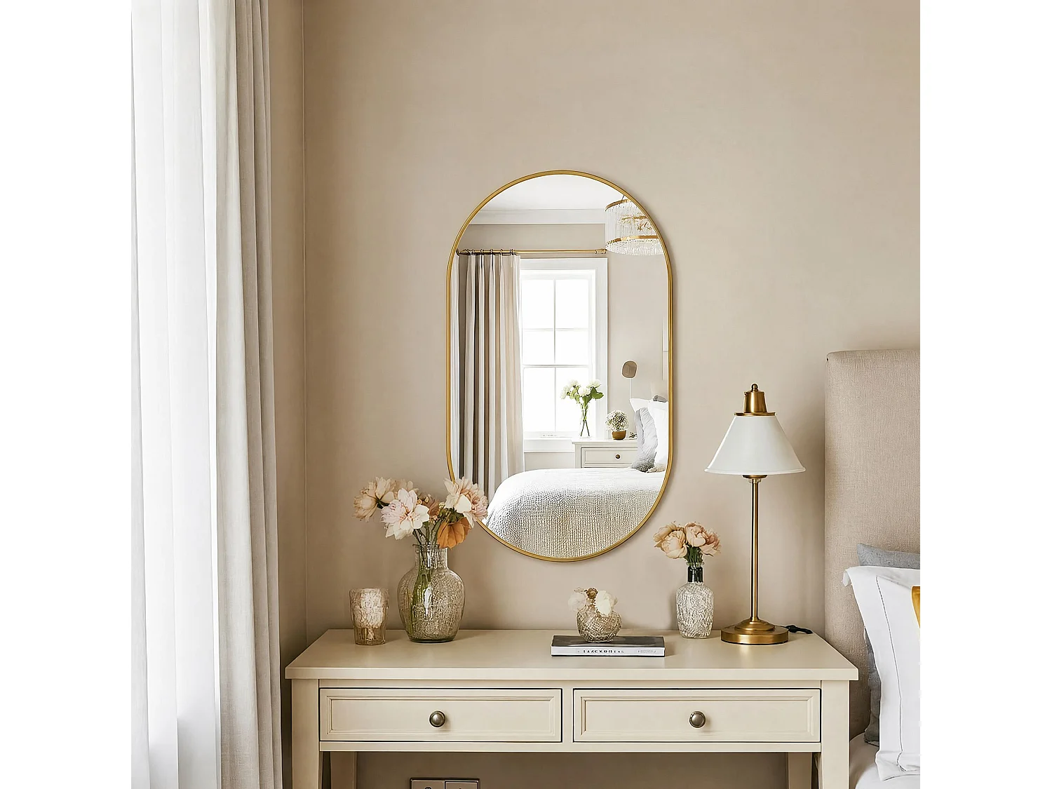 Miroir mural arqué 75x50 cm avec cadre aluminium Doré, miroir design moderne en verre trempé pour salle de bain chambre entrée