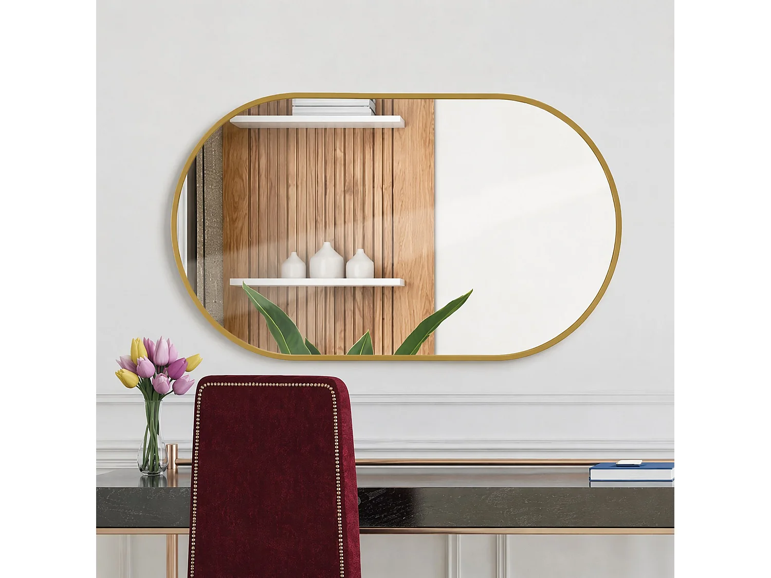Miroir mural arqué 75x50 cm avec cadre aluminium Doré, miroir design moderne en verre trempé pour salle de bain chambre entrée