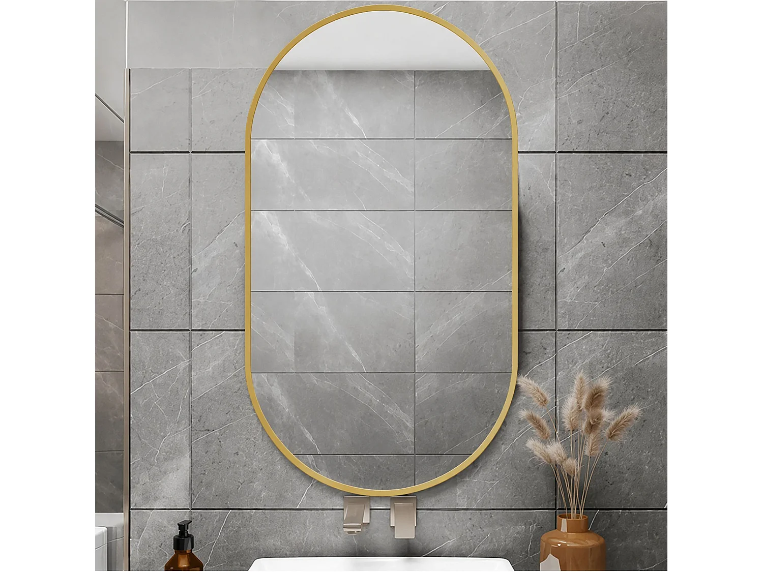 Miroir mural arqué 75x50 cm avec cadre aluminium Doré, miroir design moderne en verre trempé pour salle de bain chambre entrée