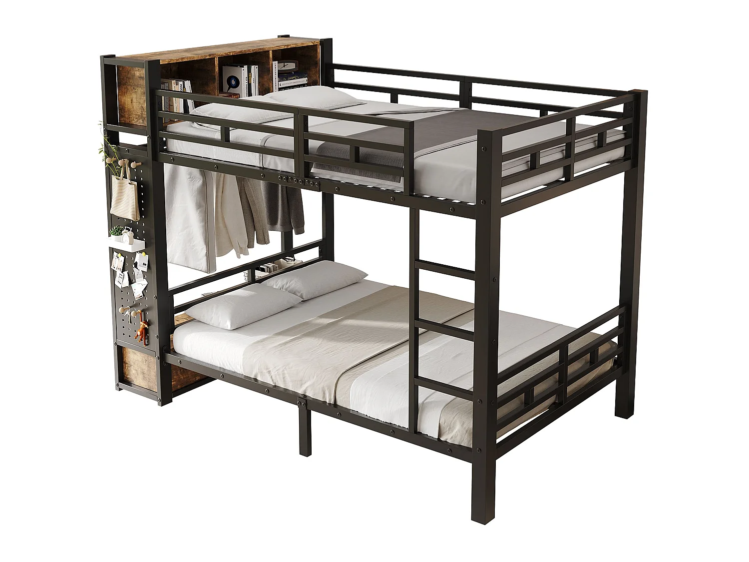 Lit superposé 120x200 cm en métal noir avec module de rangement, penderie, tiroirs, panneau perforé et étagères – lit enfant et ado