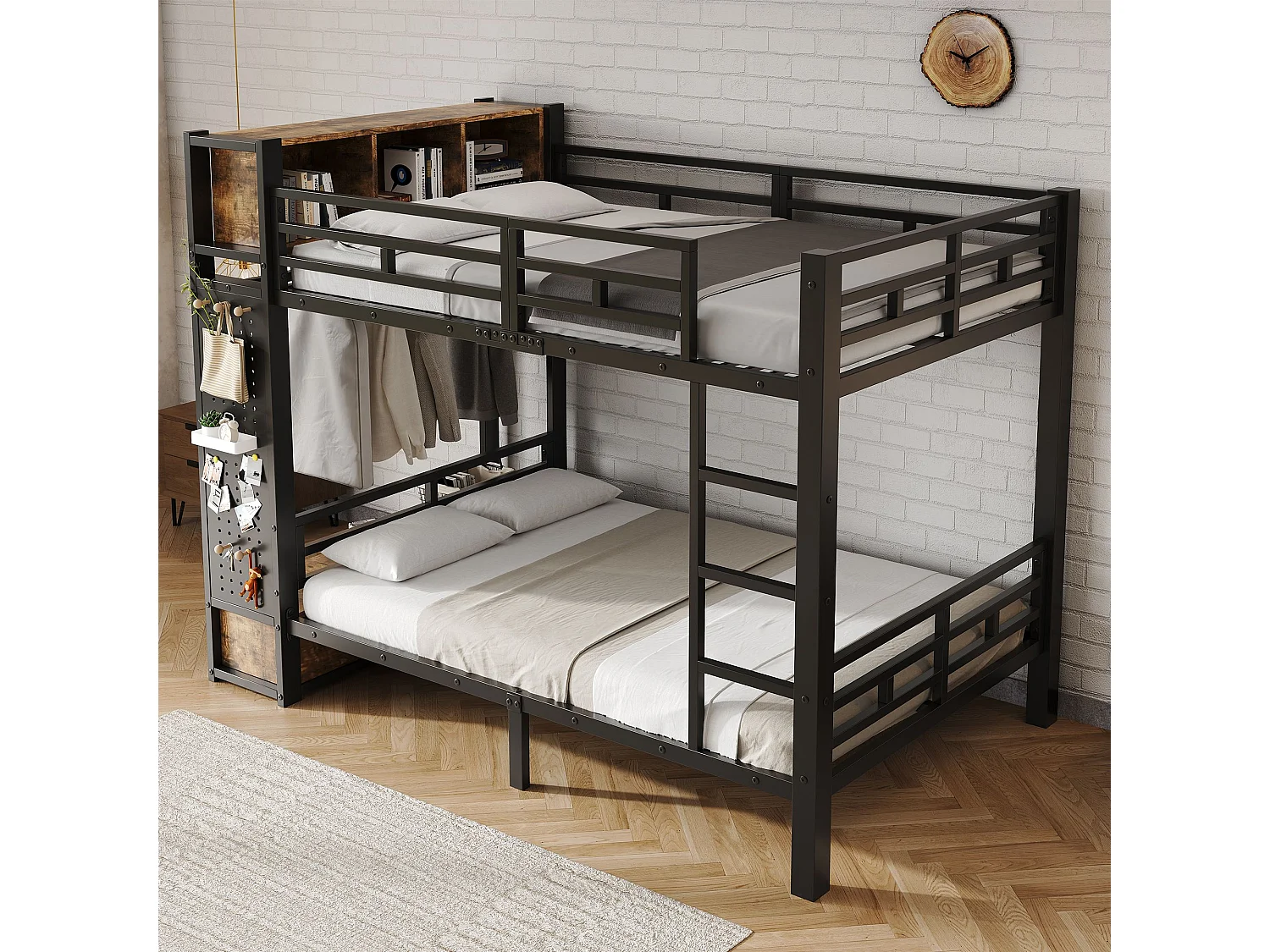 Lit superposé 120x200 cm en métal noir avec module de rangement, penderie, tiroirs, panneau perforé et étagères – lit enfant et ado