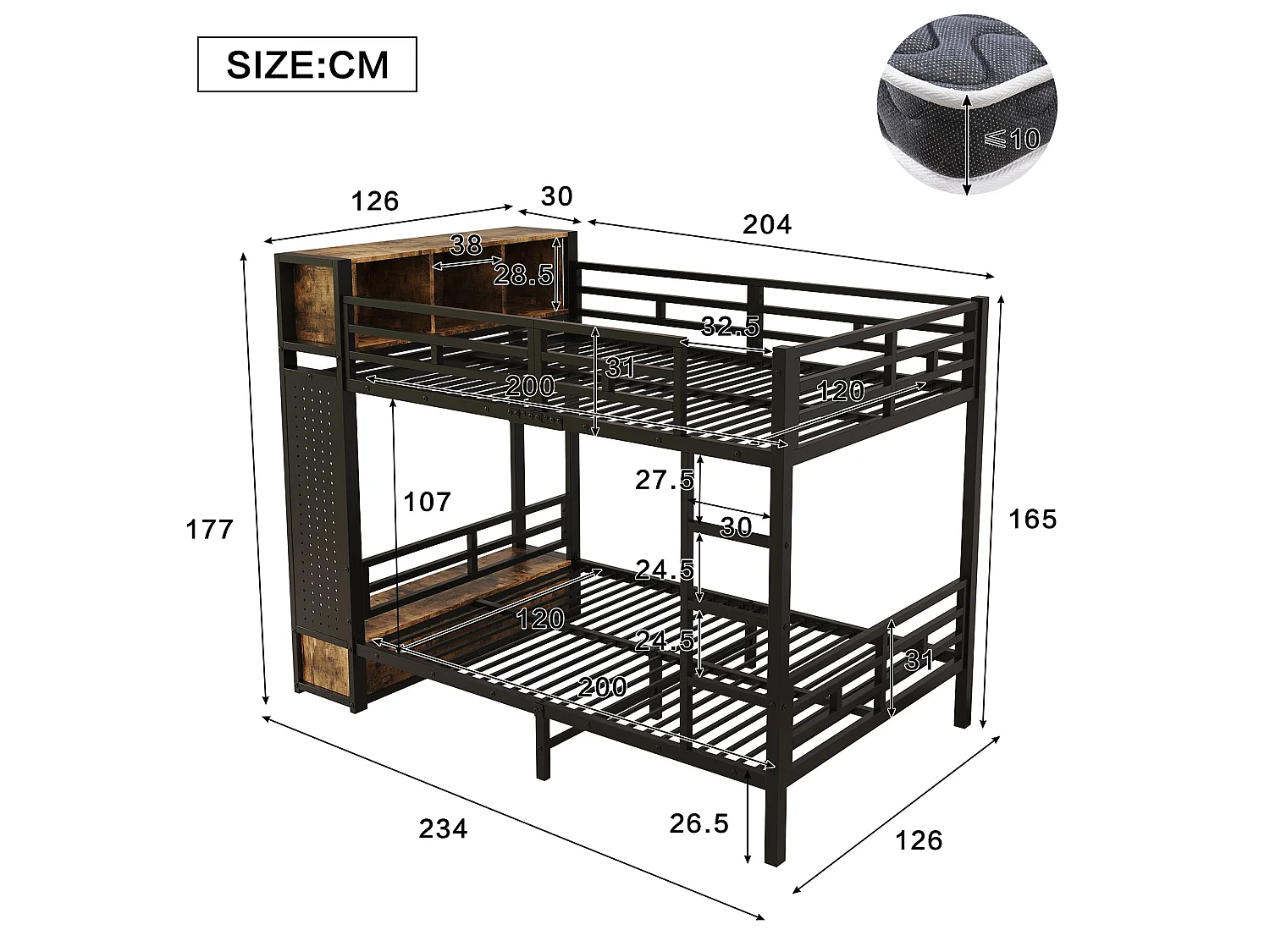 Lit superposé 120x200 cm en métal noir avec module de rangement, penderie, tiroirs, panneau perforé et étagères – lit enfant et ado