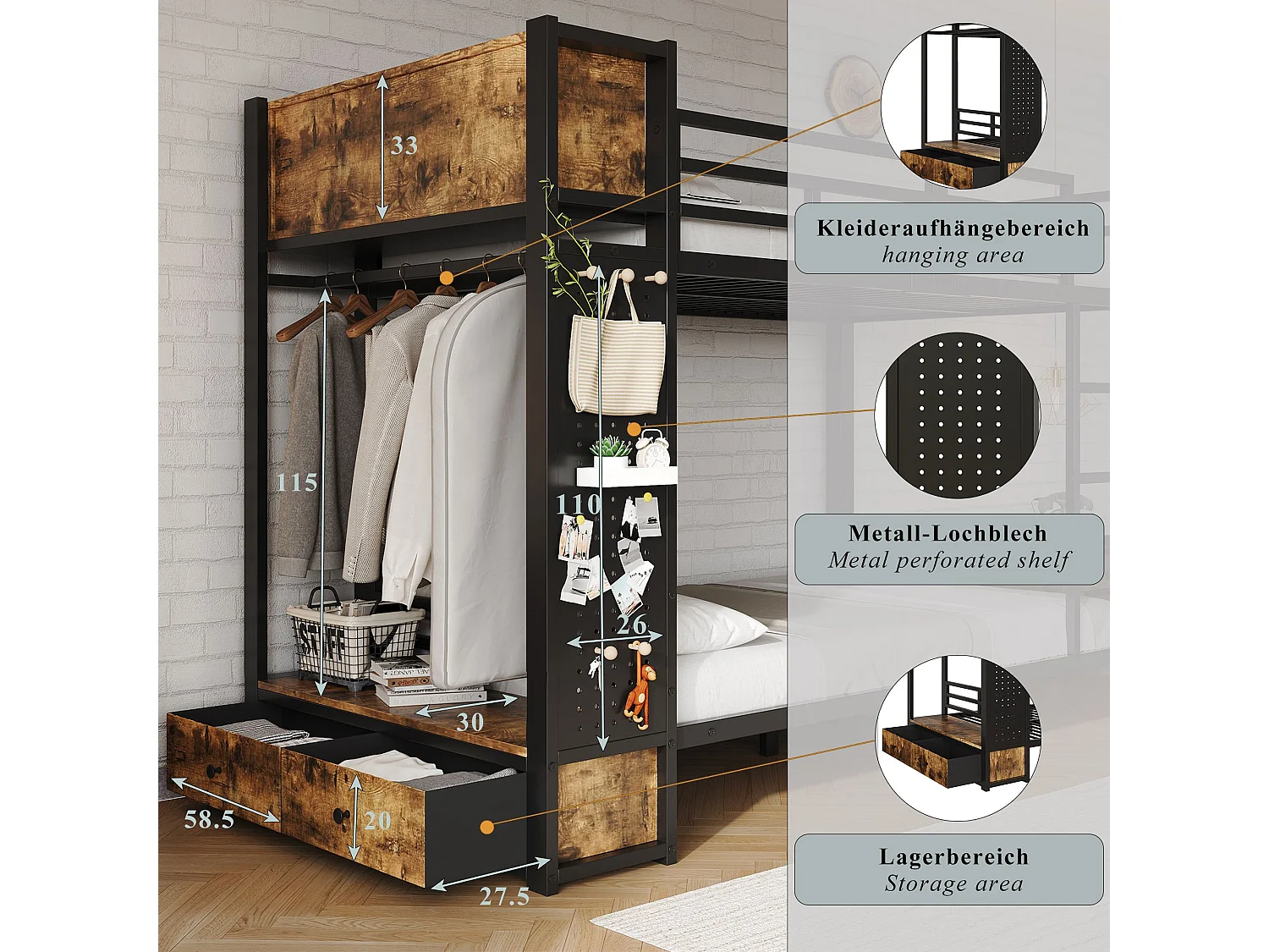 Lit superposé 120x200 cm en métal noir avec module de rangement, penderie, tiroirs, panneau perforé et étagères – lit enfant et ado